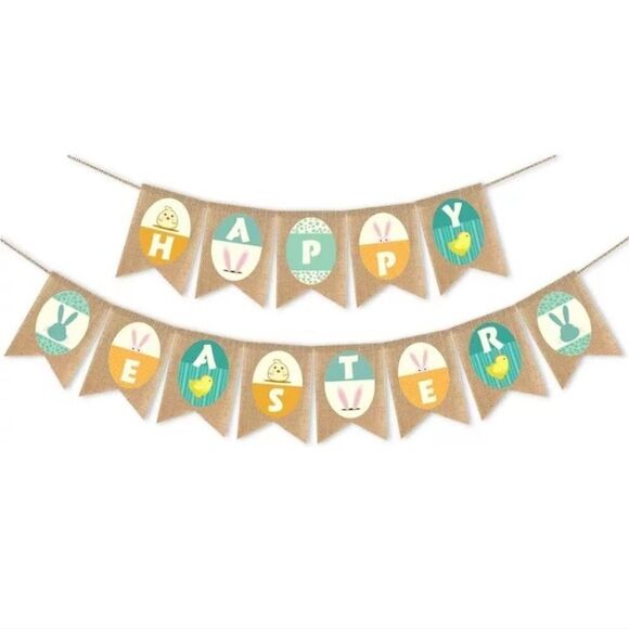 NWT Burlap Happy Easter Banner - 2pcs Easter Bunny Rabbits Bunting Garland Flags - Picture 1 of 4
